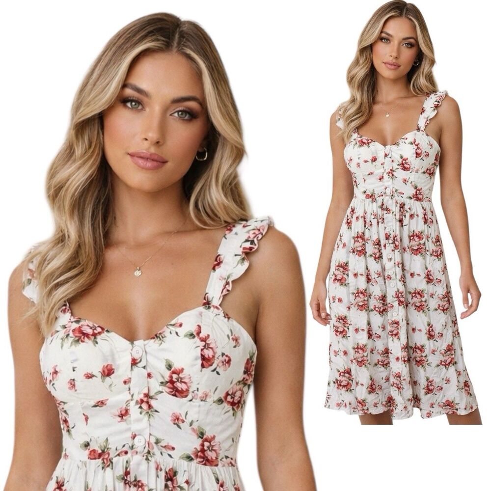Band Of Gypsies Floral Button Front Bustier Bodice Midi Cottagecore Dress